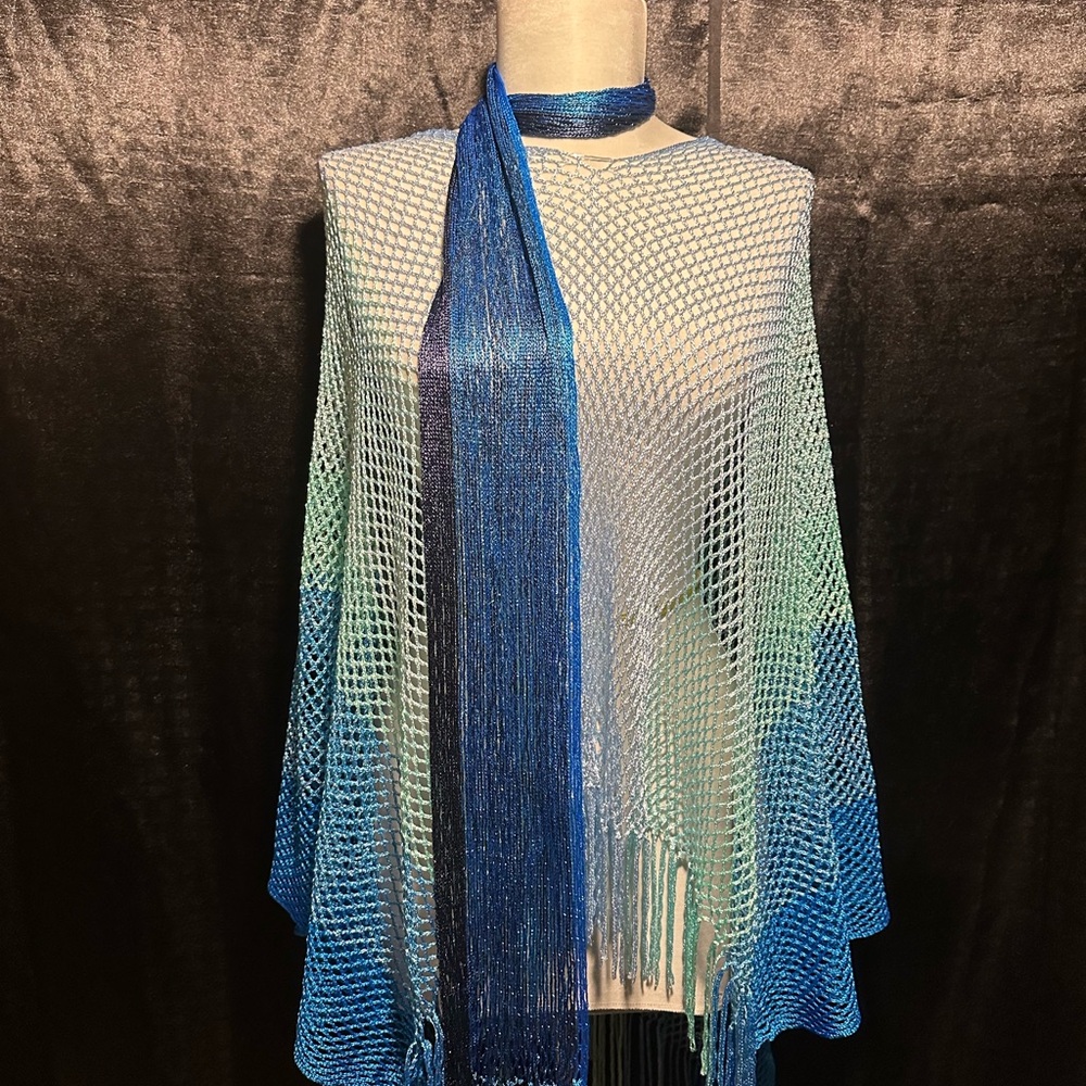 Blue Ombre Knit Poncho + Matching Metallic Scarf (New)